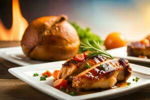 grillé poulet sur une assiette avec des légumes et une pot de thé. généré par ai photo