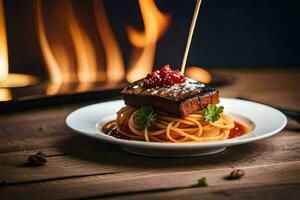 une pièce de Viande sur Haut de spaghetti avec sauce. généré par ai photo