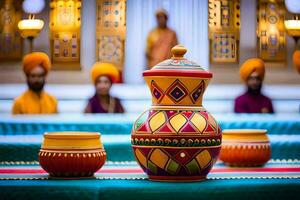 une coloré vase avec une turban sur Haut de il. généré par ai photo