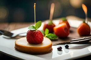 une dessert avec des fraises et une bougie. généré par ai photo