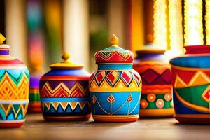 coloré des pots et pots doublé en haut sur une tableau. généré par ai photo