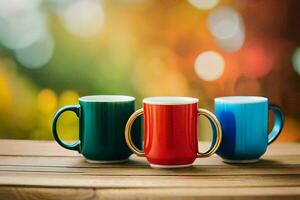 Trois coloré café tasses sur une en bois tableau. généré par ai photo