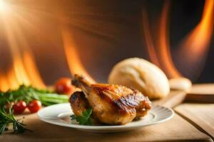 poulet sur une assiette avec pain et tomates. généré par ai photo