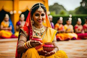 une femme dans traditionnel Indien tenue en portant une bougie. généré par ai photo