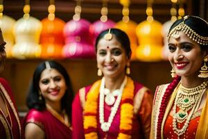 Trois femmes dans traditionnel Indien tenue. généré par ai photo