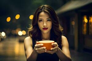 une femme en portant une tasse de café. généré par ai photo