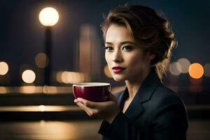 une femme dans une costume en portant une tasse de café. généré par ai photo