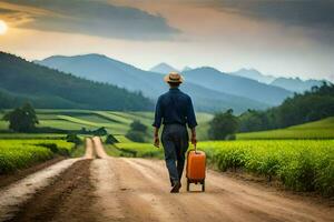 une homme en marchant vers le bas une saleté route avec une valise. généré par ai photo