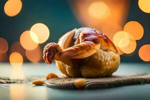 une rôti poulet sur une en bois table avec lumières derrière il. généré par ai photo