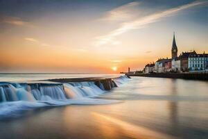 le Soleil ensembles plus de le l'eau et une église dans le Contexte. généré par ai photo