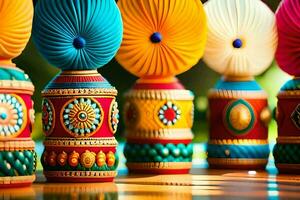 coloré décoratif des vases avec coloré décorations sur eux. généré par ai photo