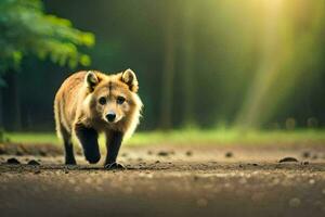 une Renard en marchant sur une saleté route dans le forêt. généré par ai photo