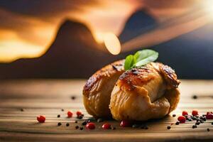 une pièce de poulet sur une en bois table avec une le coucher du soleil dans le Contexte. généré par ai photo