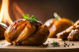 grillé poulet sur une en bois Coupe planche. généré par ai photo