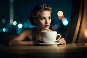 une femme est séance à une table avec une tasse de café. généré par ai photo