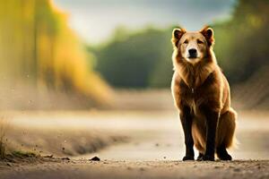 une marron chien est permanent sur une saleté route. généré par ai photo