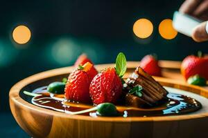 une assiette de des fraises et Viande sur une en bois tableau. généré par ai photo