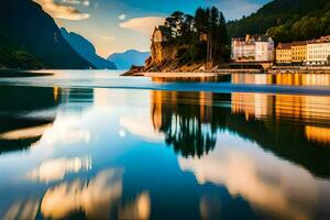 une magnifique vue de une ville sur le l'eau. généré par ai photo