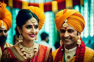 une magnifique Indien la mariée et jeune marié dans traditionnel tenue. généré par ai photo