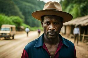 une homme dans une chapeau des stands sur une saleté route. généré par ai photo