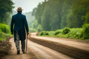 une homme dans une costume et chapeau en marchant vers le bas une saleté route. généré par ai photo