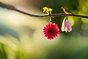 une oiseau est assis sur une branche avec une rose fleur. généré par ai photo