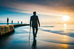 une homme dans une costume des promenades le long de le plage à le coucher du soleil. généré par ai photo