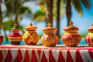 une table avec coloré des vases sur il. généré par ai photo