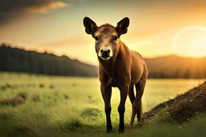 une cerf est permanent dans le herbe à le coucher du soleil. généré par ai photo