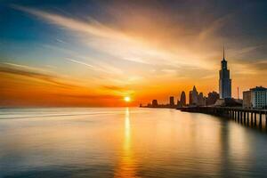 le Soleil ensembles plus de le ville horizon dans Dubai. généré par ai photo