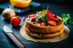 une gâteau avec des fraises et Chocolat sur Haut. généré par ai photo