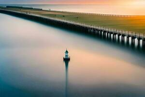 longue exposition de une phare à le coucher du soleil. généré par ai photo