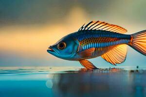 une poisson avec brillant couleurs est en marchant sur le l'eau. généré par ai photo