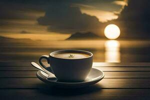 café, le soleil, lever du soleil, le mer, le ciel, le horizon, le horizon. généré par ai photo