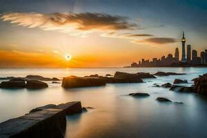 le Soleil ensembles plus de le ville horizon dans cette photo. généré par ai photo