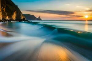 une longue exposition photographier de vagues s'écraser sur le plage. généré par ai photo