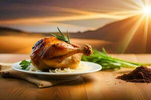 poulet sur une assiette avec une bol de Pâtes et épices. généré par ai photo