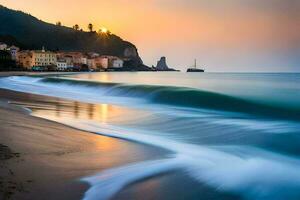 le Soleil ensembles plus de le plage et Maisons. généré par ai photo