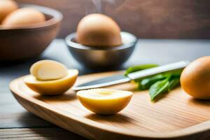 une Coupe planche avec des œufs et une couteau. généré par ai photo