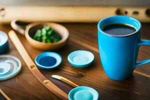 une bleu tasse de café et une en bois bol. généré par ai photo