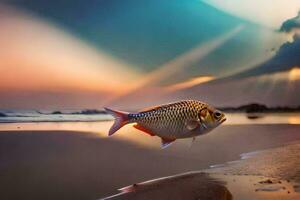 photo fond d'écran le ciel, poisson, coucher de soleil, le mer, le plage, le océan, le. généré par ai