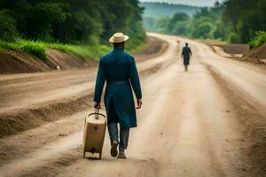 une homme dans une bleu costume et chapeau en marchant vers le bas une saleté route avec une valise. généré par ai photo