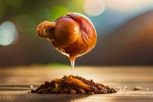 une petit pièce de Chocolat est séance sur Haut de une tableau. généré par ai photo