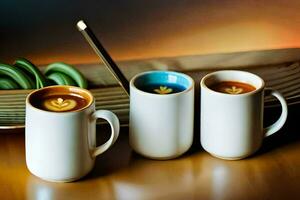 Trois café tasses avec différent couleurs sur eux. généré par ai photo