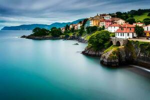 coloré Maisons sur le côte de une corps de l'eau. généré par ai photo