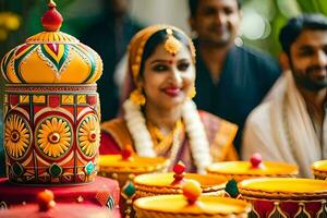 une la mariée et jeune marié dans traditionnel Indien tenue. généré par ai photo