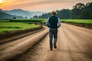 une homme en marchant vers le bas une saleté route dans le milieu de une champ. généré par ai photo