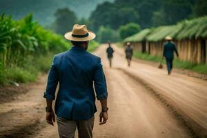 une homme dans une costume et chapeau en marchant vers le bas une saleté route. généré par ai photo