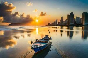 une bateau est assis sur le plage à le coucher du soleil avec le ville horizon dans le Contexte. généré par ai photo