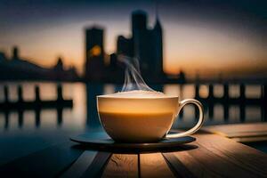 le ville, café, tasse, HD fond d'écran. généré par ai photo